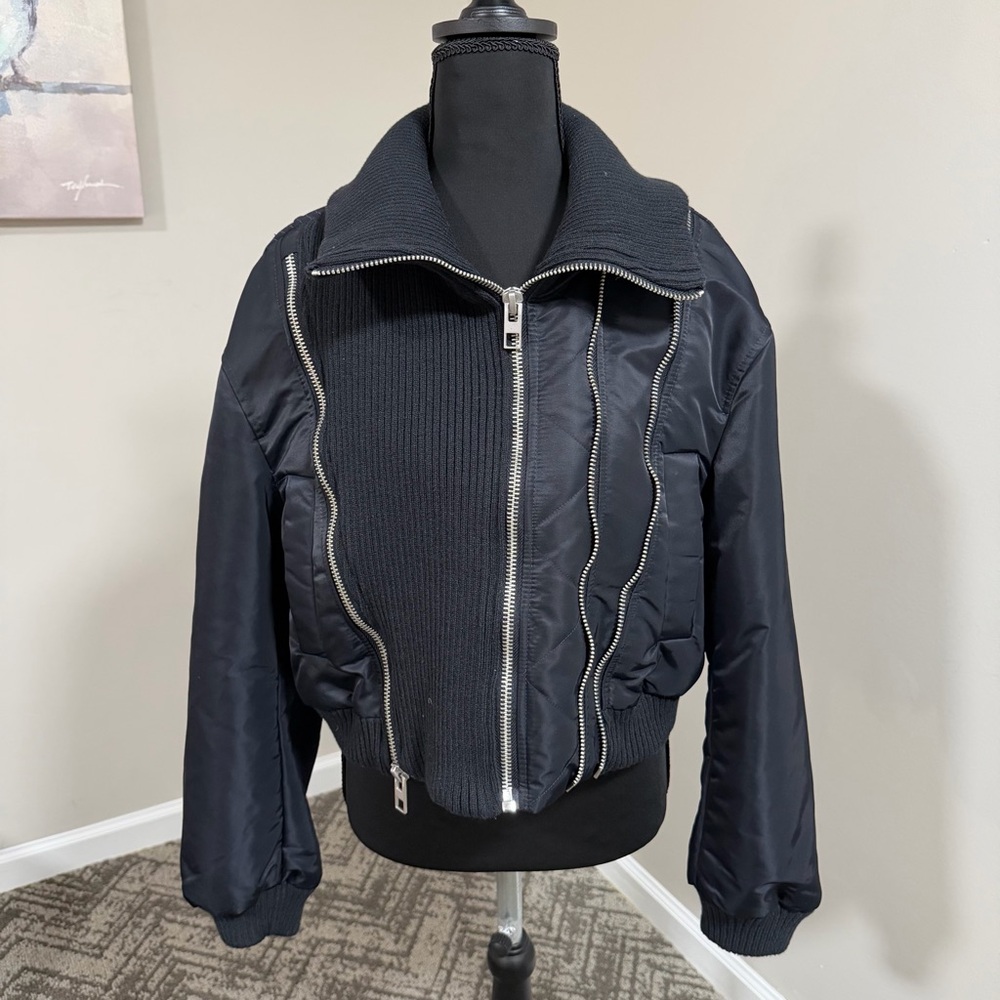 Zara Navy Zippered Pinstriped Bomber Jacket NWT - Picture 9 of 16